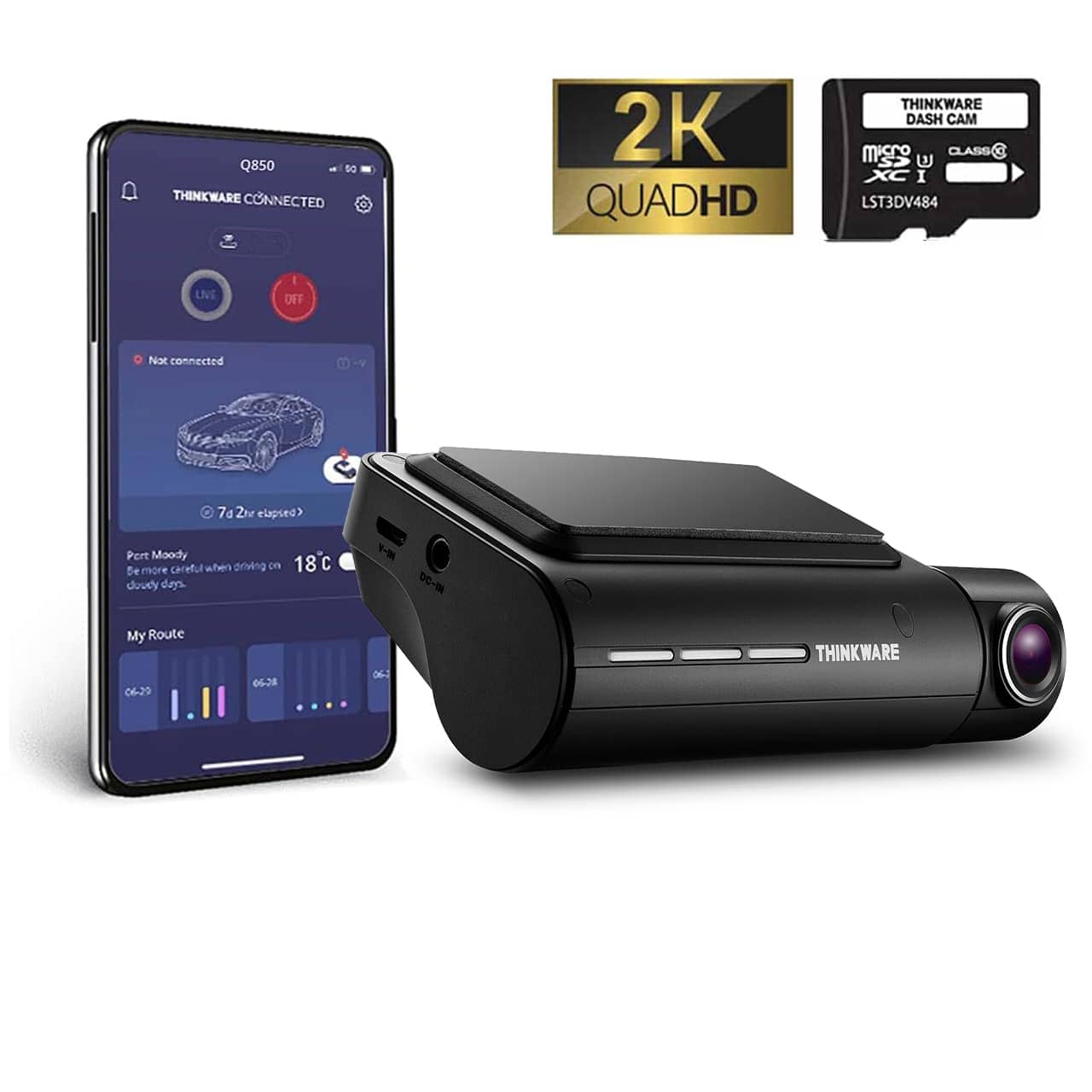 Thinkware Q850 Dashcam against phone and SD Card